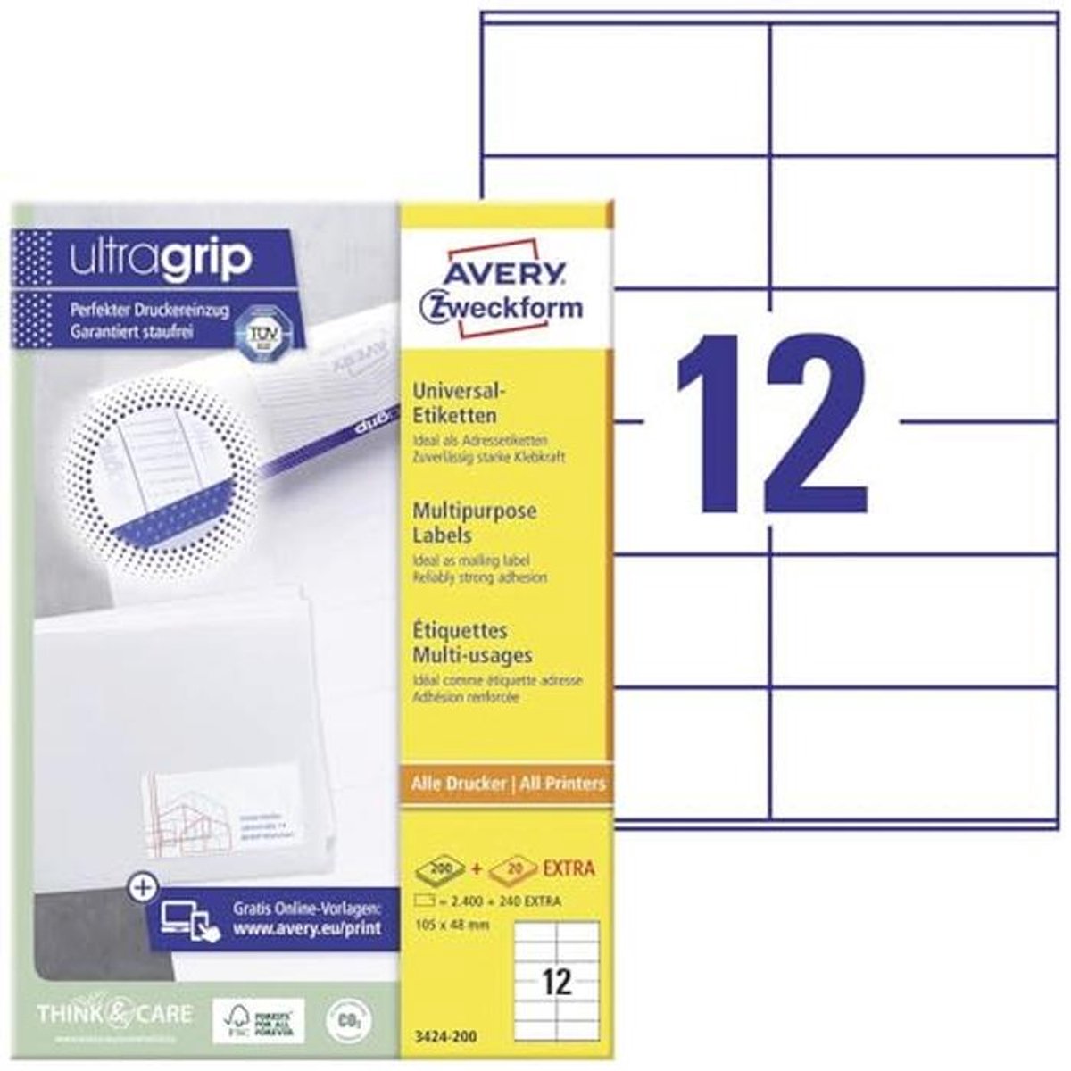 Universele etiketten 105 x 48 mm - Permanent papier - 220 stuks - Wit