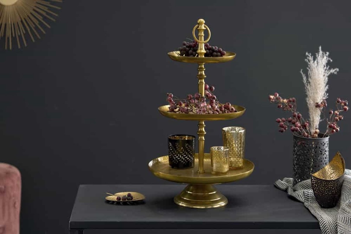 Design taartplateau ORIENT 50cm goud in wildhammerafwerking met drie niveaus - 41533