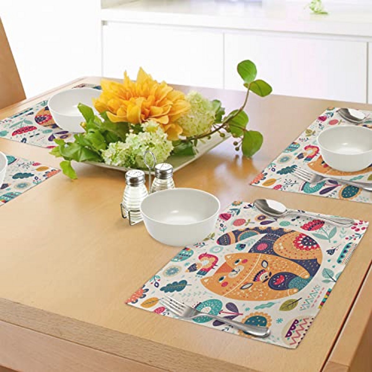 Verstelbare Wasbare Tafellakens Set van 4, Veelkleurige Cat en Flower Leaf Designs