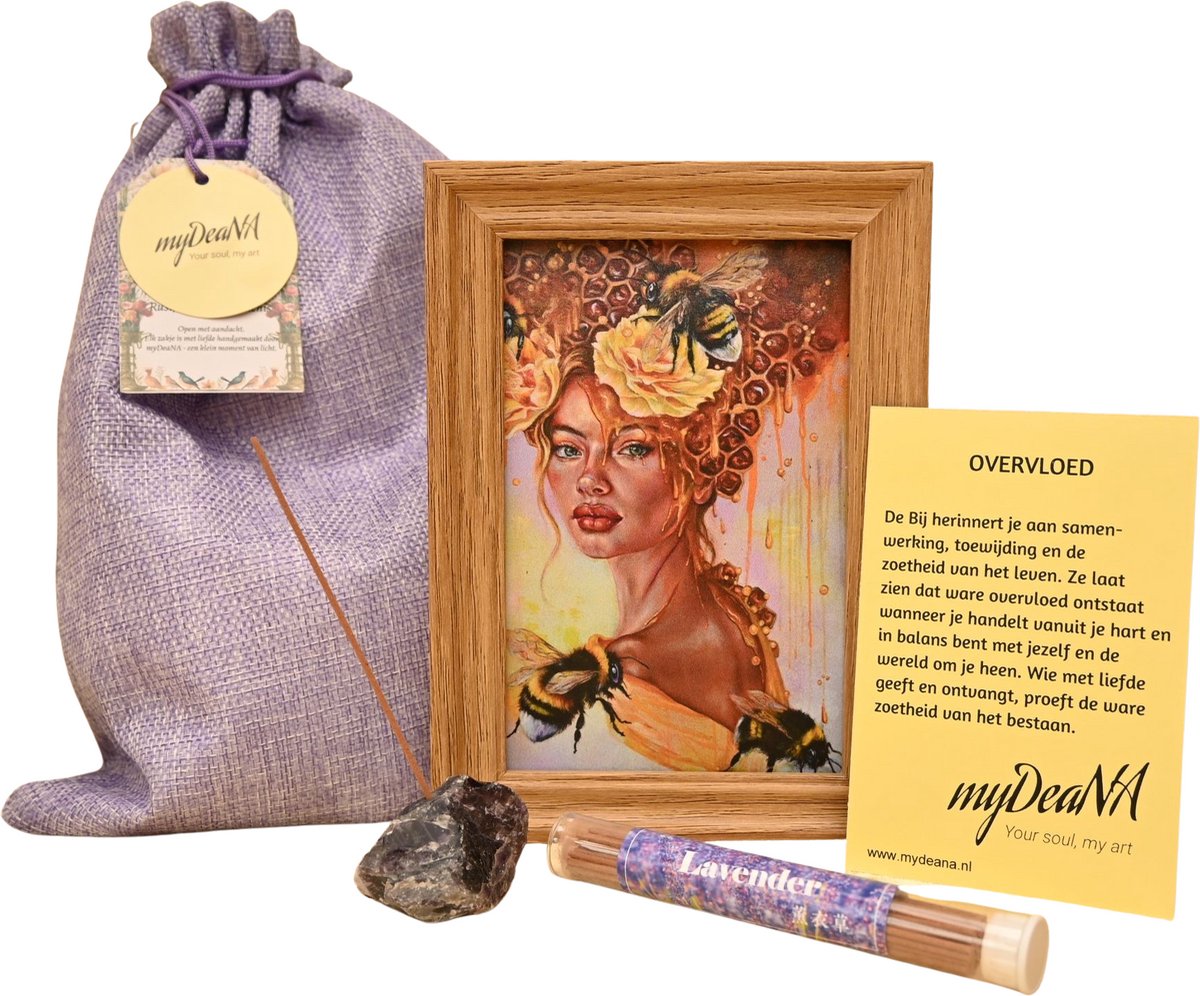 Zakje Overvloed - Mini artprint Bij in lijstje, amethist wierookhouder & wierook - spiritueel geschenk - cadeau vrouw - myDeaNA