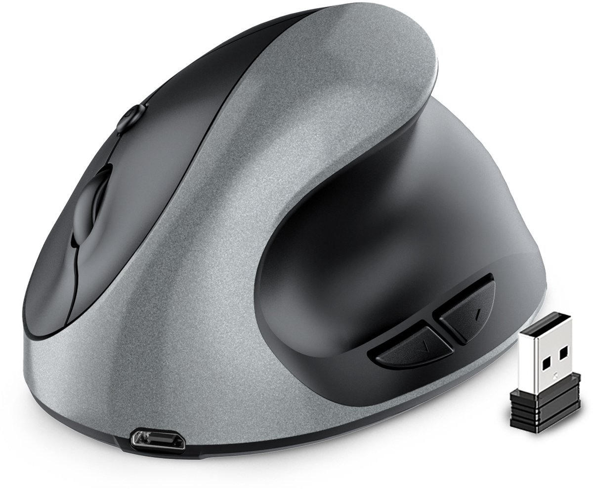 Verticale grip, oplaadbaar, stil, draadloos, anti-muis, handgetekende ergonomische muis (zilvergrijs)