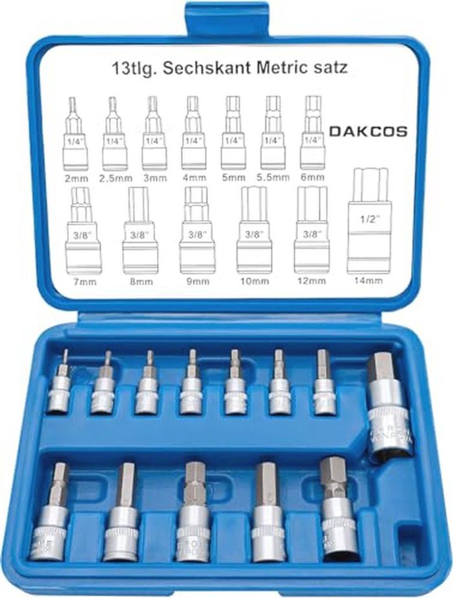 Hex bit socket set 13-delig - metrische maten 2-14mm voor 1/4", 3/8", 1/2"