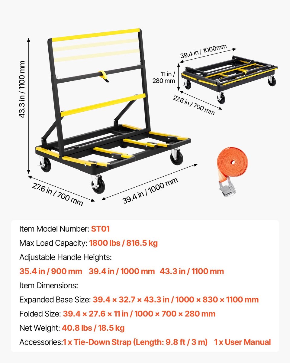 Platenwagen - Paneelwagen/Gipsplatenkar - Draagvermogen 816 kg - Met 4 Zwenkwielen - Uitschuifbaar Laadplatform - Opvouwbaar - Spanband - Voor Multiplex, Gipsplaat en Glas