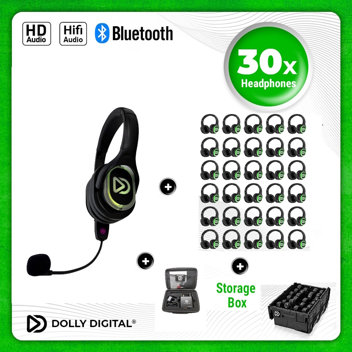 Dolly Digital® RD-Pro 30 Draadloze Koptelefoons voor groepen + Headmounted Microfoon – 30 HiFi Koptelefoons + Microfoon + Bluetooth + HiFi