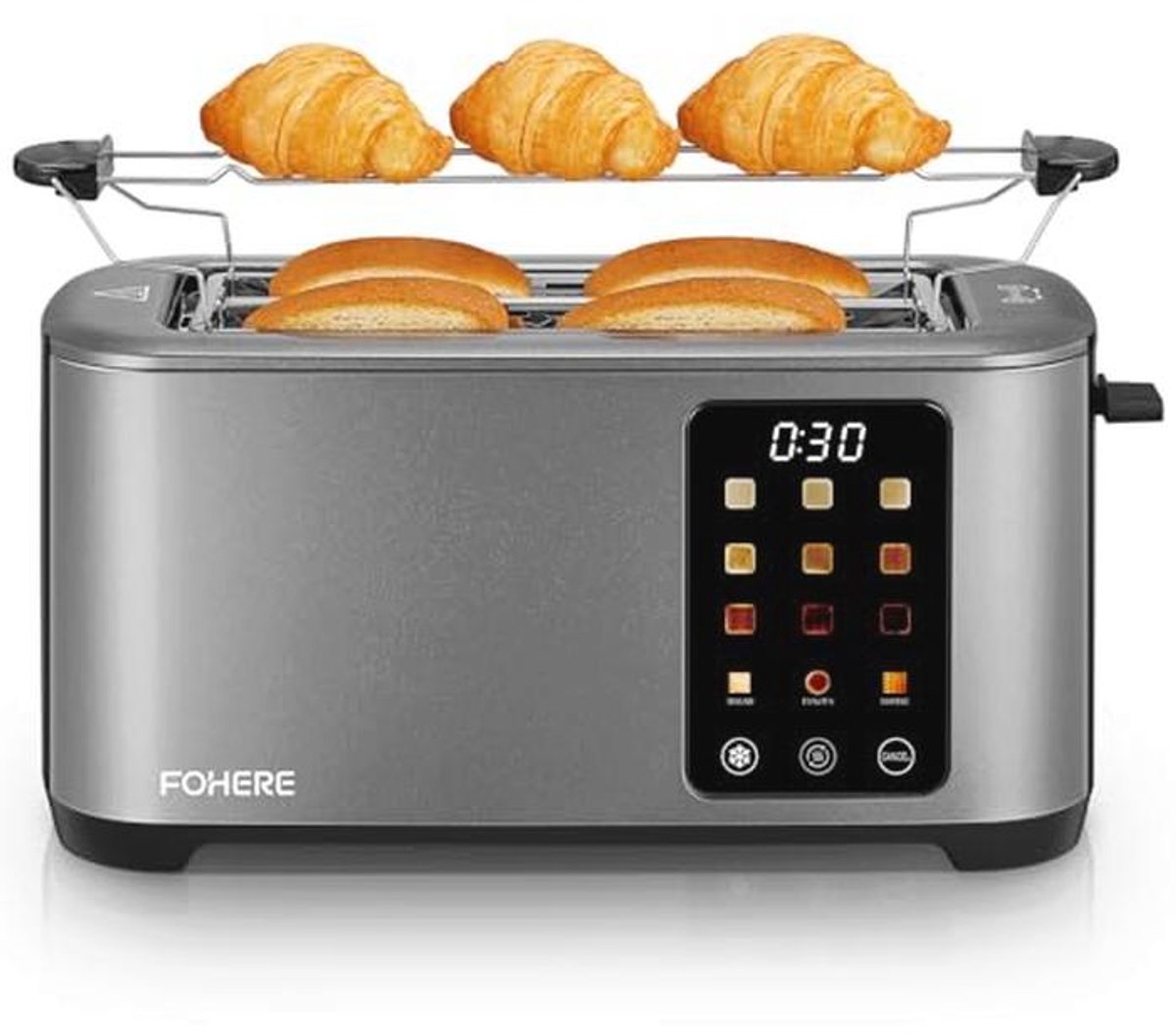 Broodrooster voor 4 sneetjes met 9 bruiningsniveaus en touchscreen-bediening
