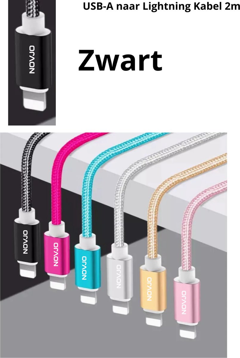 NOVJO® USB-A naar Lightning Kabel 2m – Snel Opladen & Datatransfer - Zwart
