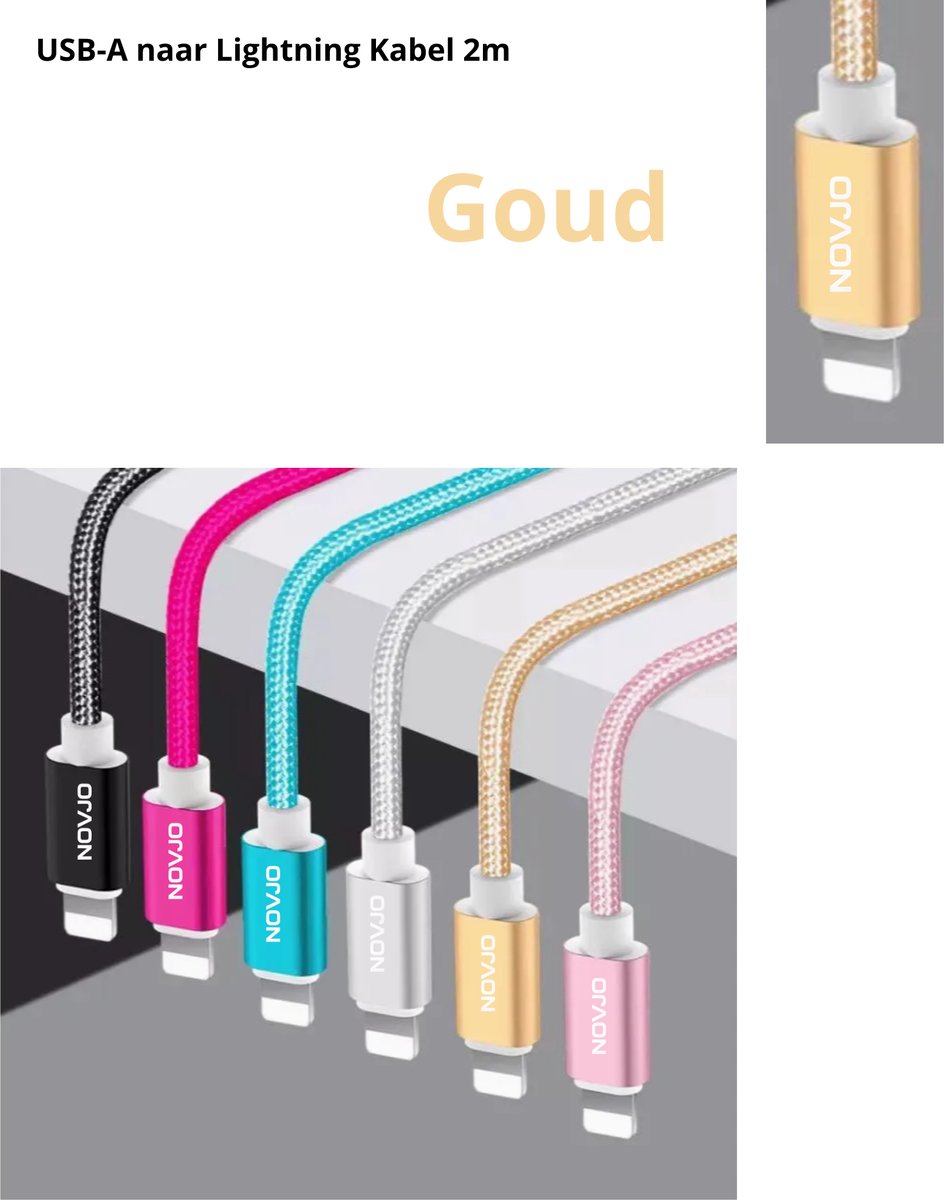 NOVJO® USB-A naar Lightning Kabel 2m – Snel Opladen & Datatransfer kleur Goud