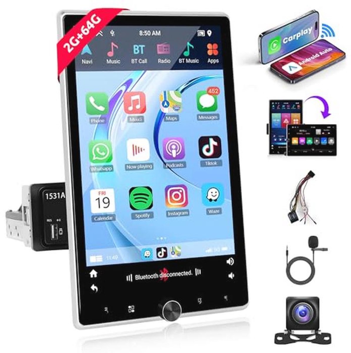 Draadloze Autoradio 10,4 inch met Android Auto en GPS Navigatie - 2G RAM, 64G Opslag