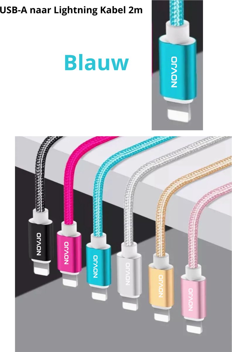 NOVJO® USB-A naar Lightning Kabel 2m – Snel Opladen & Datatransfer - Blauw