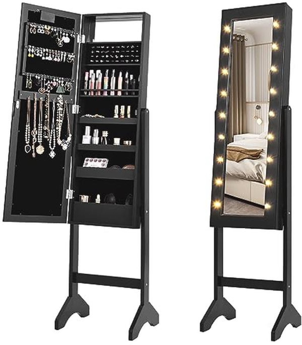 Sieradenkast met LED-verlichting en full-body spiegel – vrijstaande opbergoplossing voor sieraden en cosmetica