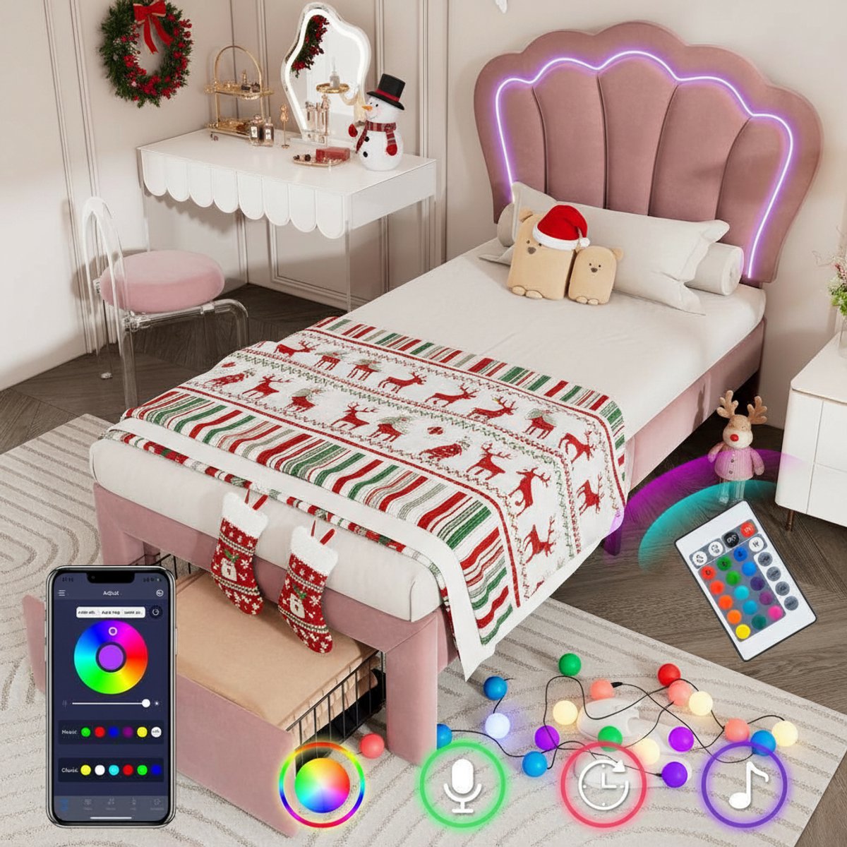 KOMHTOM Bed LED-kinderbed Eenpersoonsbed 90x190 cm met laden APP-Control Lattenbodem en verstelbare hoofdsteun Roze