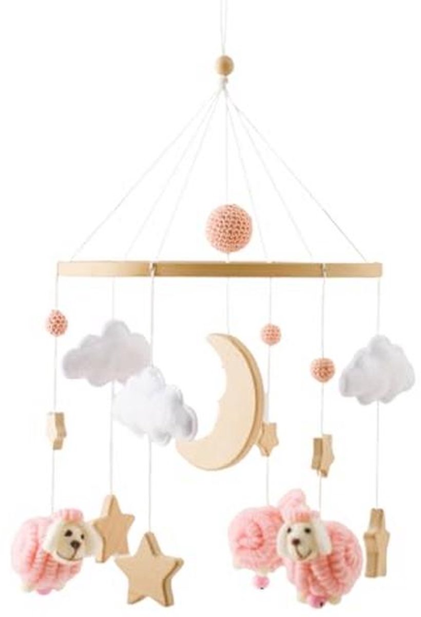 Mobiele babybedbel met sterren, maan en schapen - Hangend mobiel windspel voor babybed & kinderbed - Roze