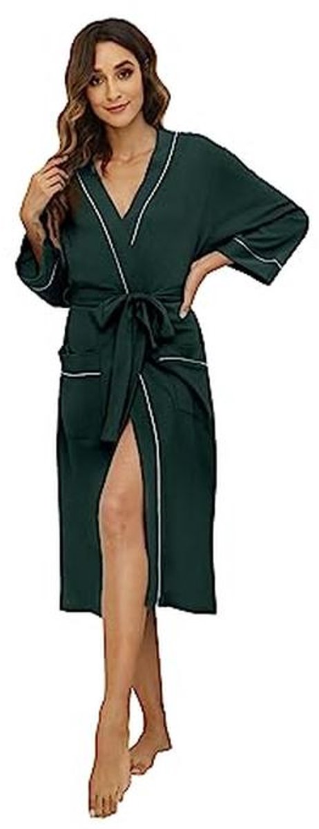 Katoenen Badjas voor Dames - Knuffelige Lange Ochtendjas Kimono met Zakken (Donkergroen, 2XL)