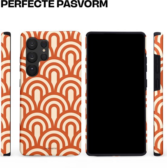 Telefoonhoes met oranje en crème gebogen lijn patroon, weergave van de voorkant, zijkanten en achterkant.