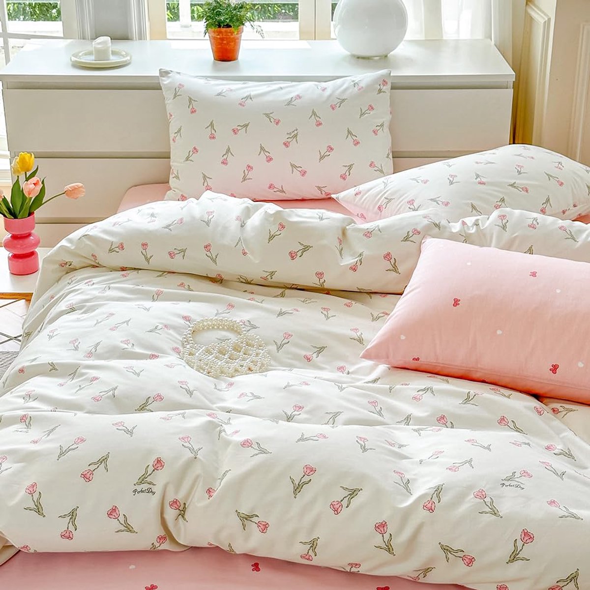 Ibenzoa Romantische driedelige beddengoedset met bloemenpatroon in roze en wit Beige