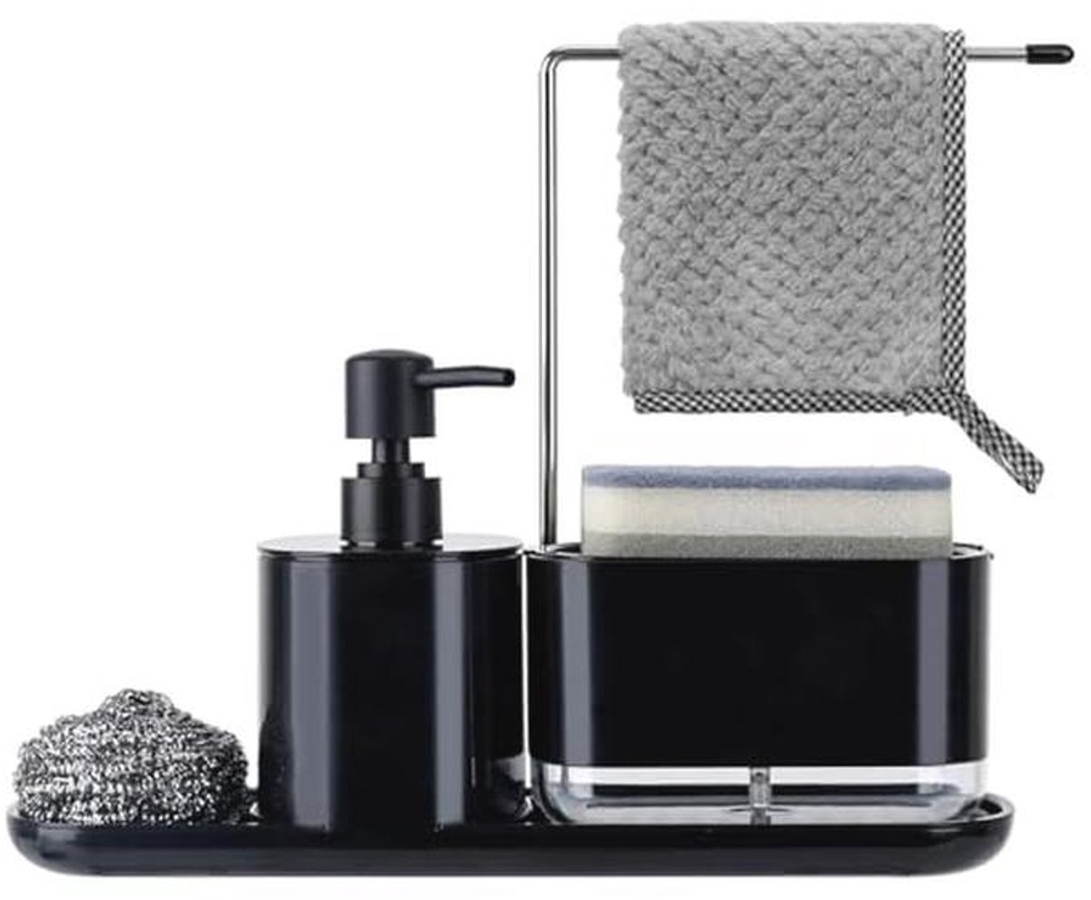 3-in-1 Keuken Spoelbak Organizer met Afwasmiddeldispenser en Zeepbakje - Zwart