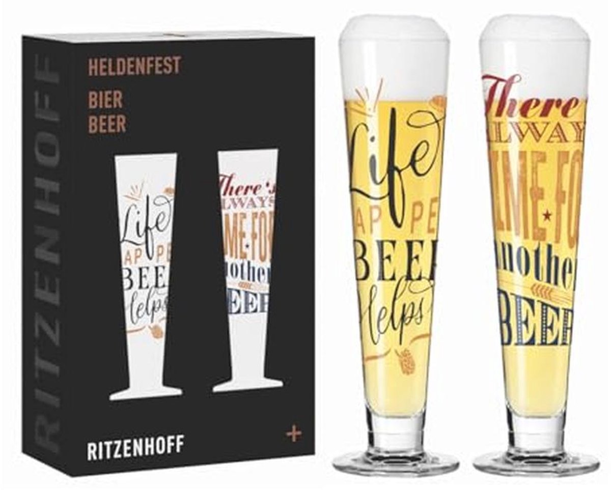 Bierglas 330 ml - set van 2 - serie Heldenfest - met spreuk, meerkleurig