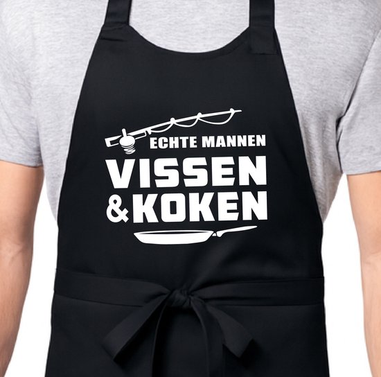 Zomertip! - Keukenschort Echte Mannen Vissen en Koken | Zwart | Dames/Heren | Verstelbaar | Cadeau-idee | BBQ | Verjaardag | Jubileum | Verrassing | Grapje