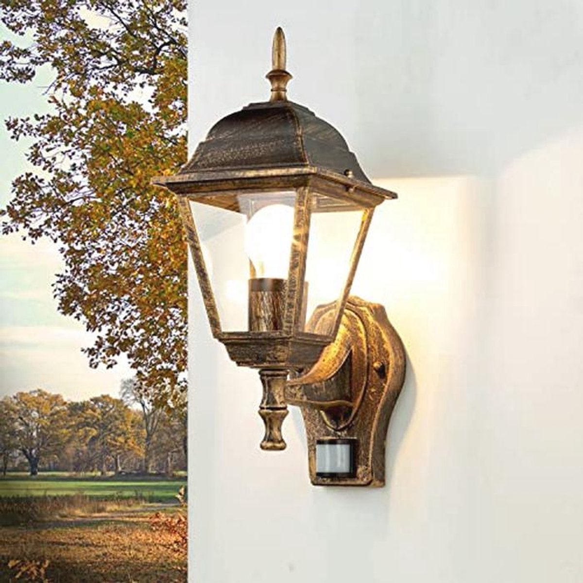 Buitenlamp met Bewegingsmelder IP44 E27 Zwart Koper - Rustieke Wandlamp voor Tuin en Terras