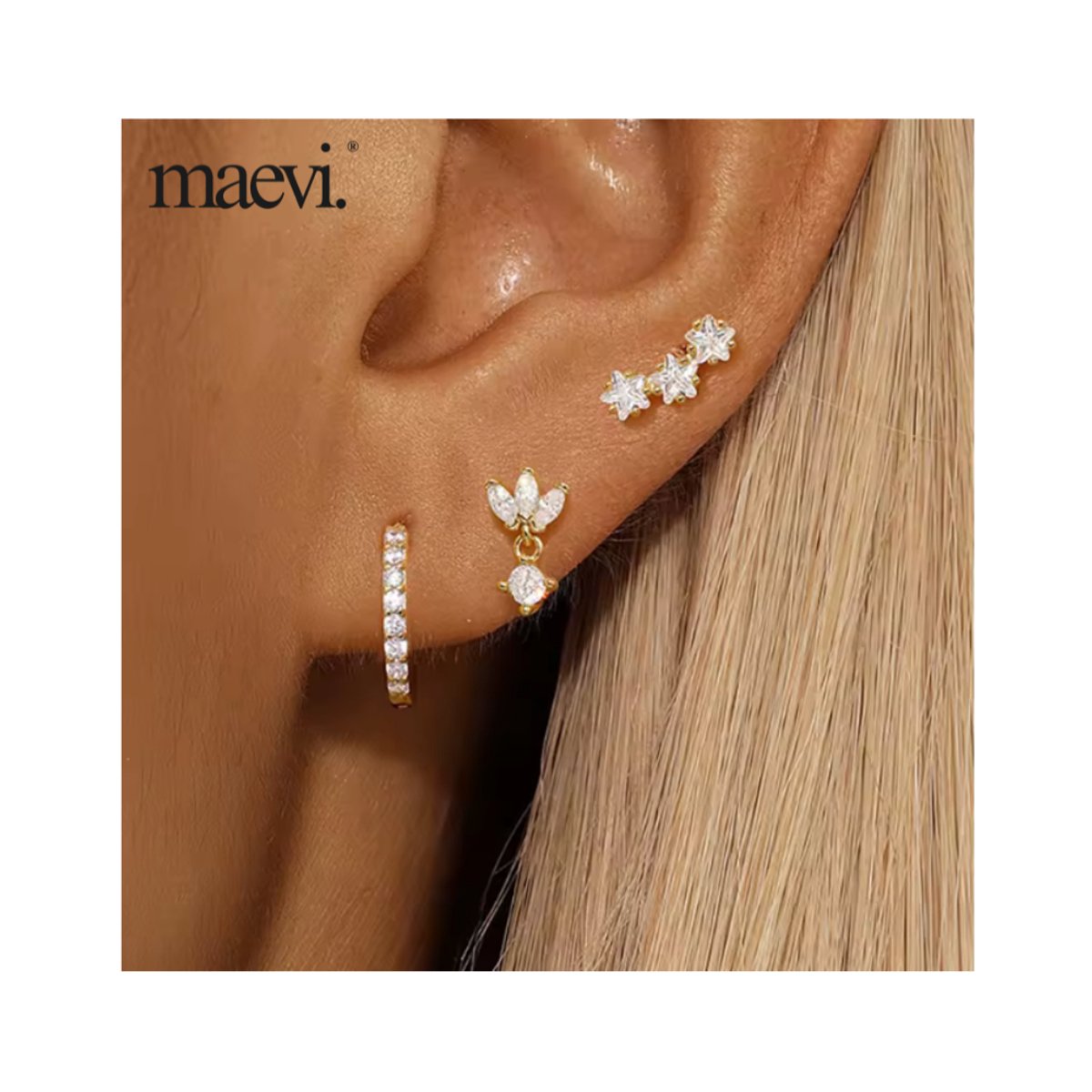 Maevi® Oorbellen Set 3 Stuks - Kleur: Goud - 18K Verguld - Hoge Kwaliteit - Oorbellen Set - Meerdere Oorbelgaatjes - Oorbellen / Earrings - Oor Versiering - Luxe Set - Gouden Oorbellen - Meerdere Gaatjes - Cadeau - 18 Karaat - Oorhangers
