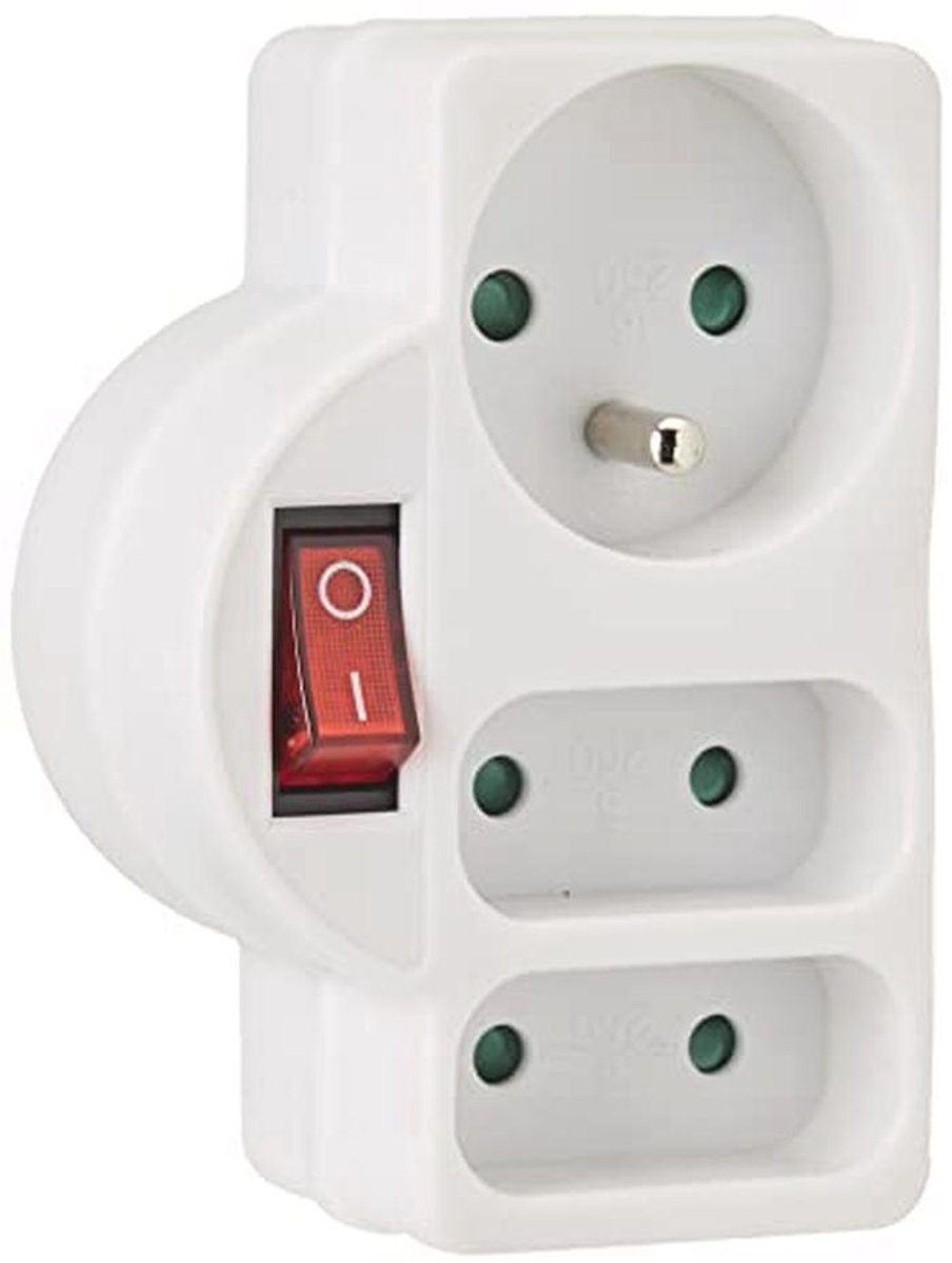 Drievoudige stekkeradapter met schakelaar en 3 stopcontacten (1 x 16 A, 2 x 6 A) - Wit