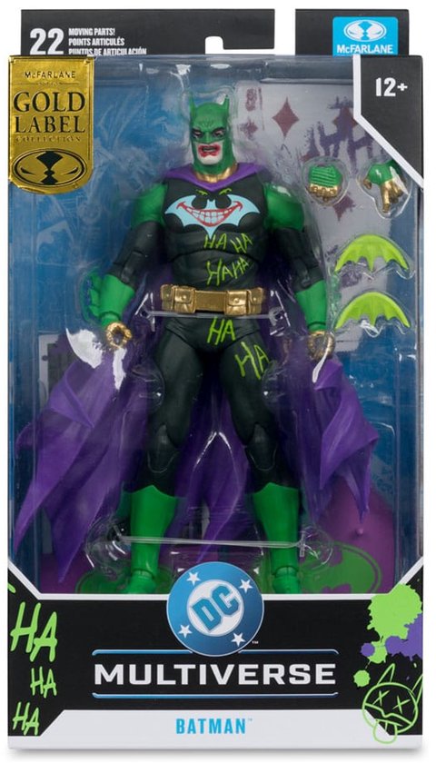 Doos van DC Multiverse Gold Label Batman (Joker War) actiefiguur met Jokerized Batman.