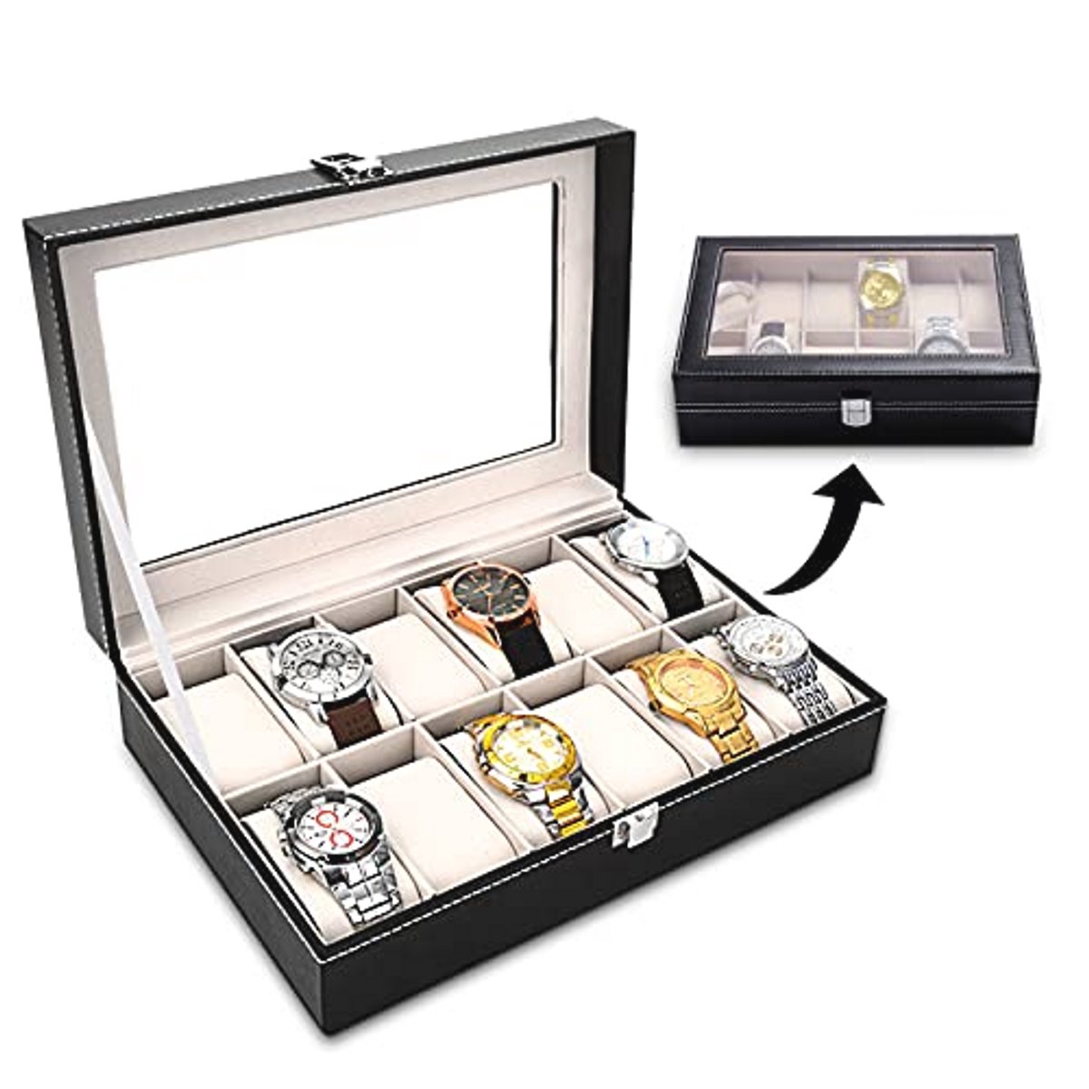 Horlogedoos met Glazen Deksel - Sieraden Organizer met 12 Vakken