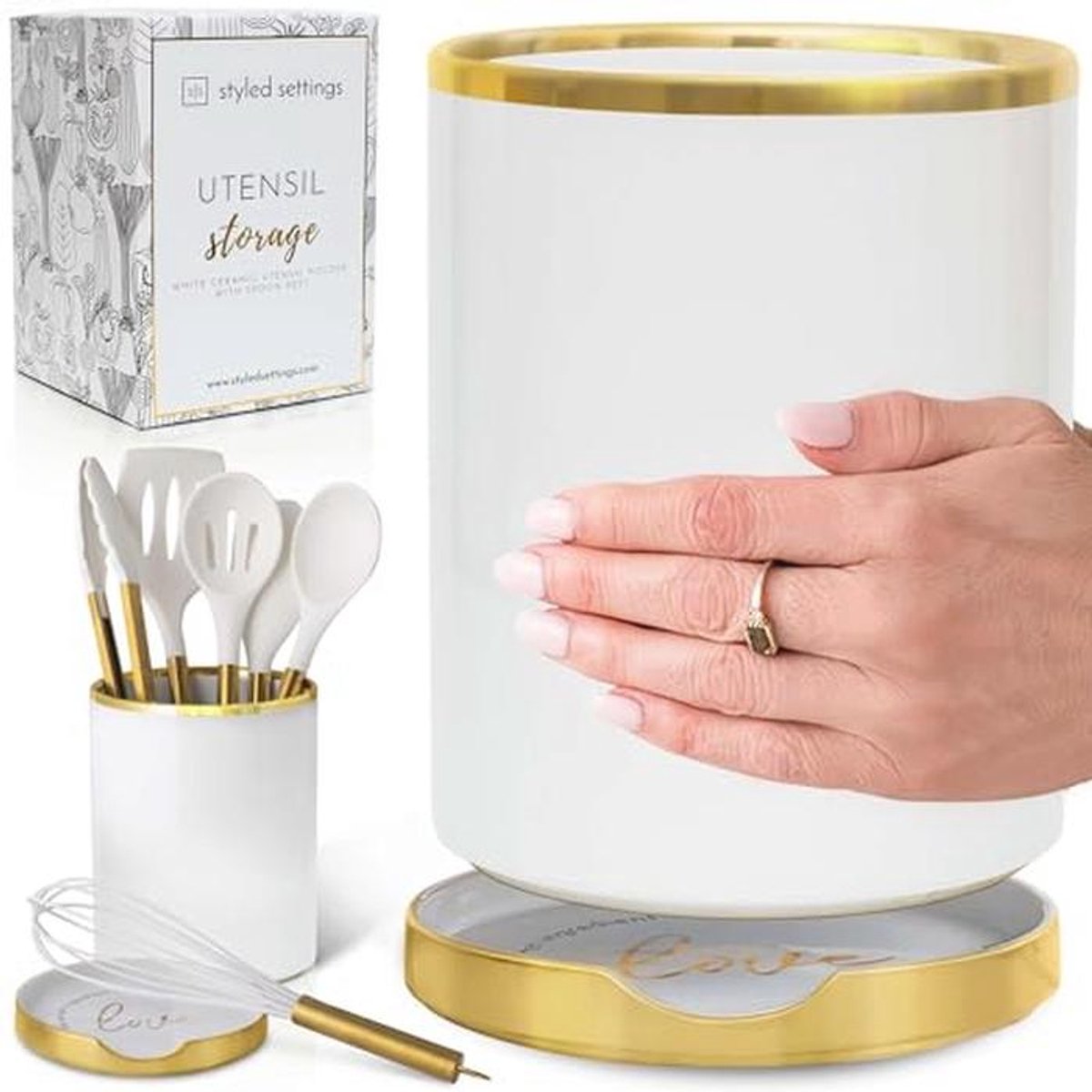 Luxe gebruiksvoorwerpenhouder met lepelsteun - 2 stuks keramische keukenaccessoires