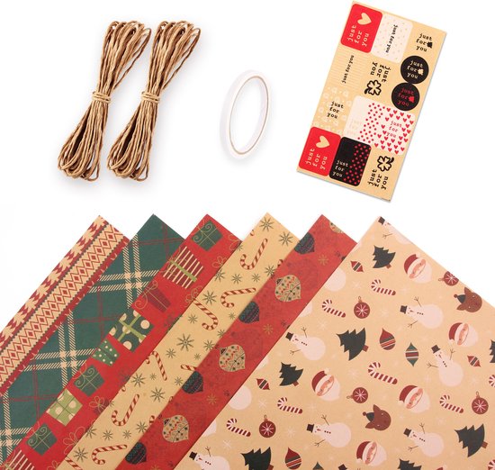 Kraftpapier Kerstinpakset - 50x70cm - Vintage Kerstcadeauverpakking - Milieuvriendelijk Bruin Papier - 6 rollen + 1 rol dubbelzijdige tape + 2 x 10m kraftpapier koorden + stickers