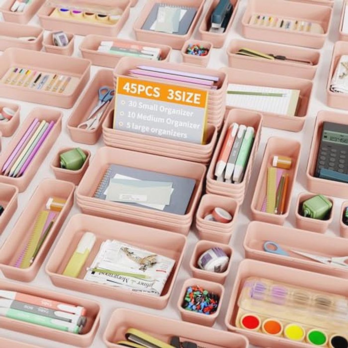Organizer voor laden en bureau - multifunctionele opbergdozen in 3 maten, roze - 45 stuks