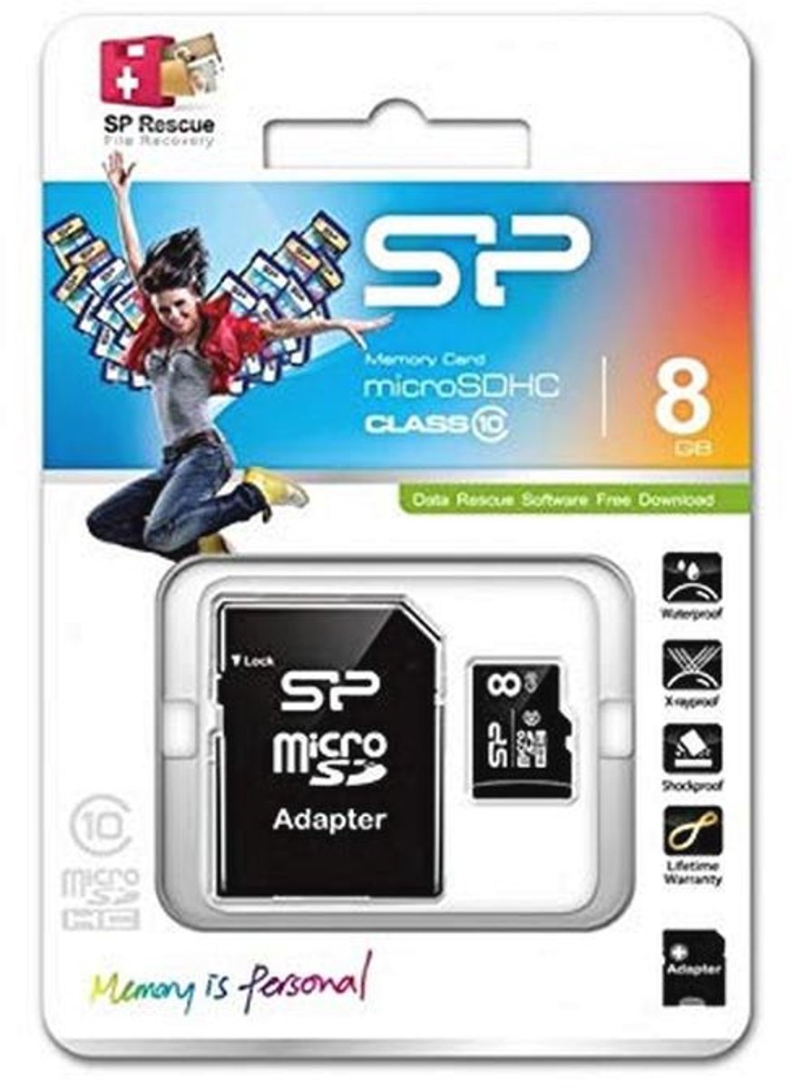 microSD-geheugenkaart 8 GB Class 10 met adapter voor smartphone en tablet