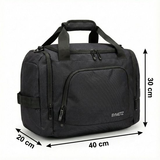 Zwarte BYMETZ weekendtas, 40x30x20 cm, met draaghengsels en een afneembare schouderband.