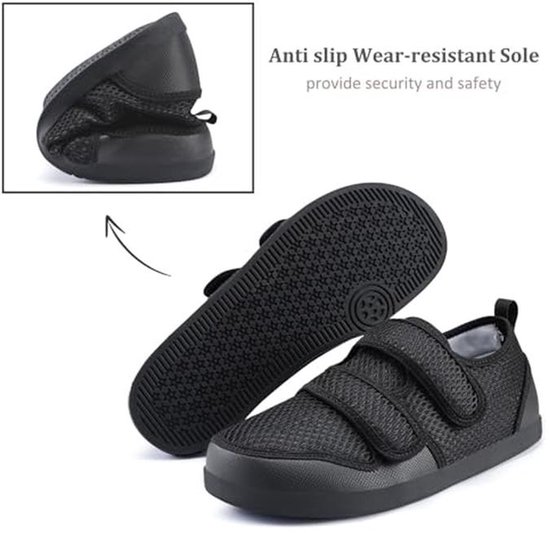 Zwarte ademende mesh schoen, van onderen gezien, met anti-slip zool. Inzet toont de flexibele zool.