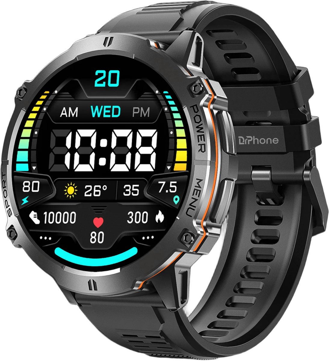 DrPhone ChronaX Max Rugged Smartwatch – 1.73” AMOLED – 100 Dagen Batterij – BT Bellen – SpO2 – GPS Tracking – 100+ Sportmodi – Roestvrij Stalen, PU Leren En Siliconen band - Zwart