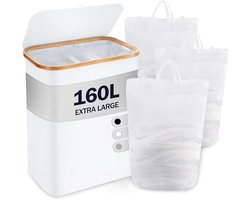 Wasmand met deksel - 3 vakken - 160 liter - wasverzamelaar - 3 waszakken - grote opvouwbare wassorteerder - bamboe - hoge wasmand - wit