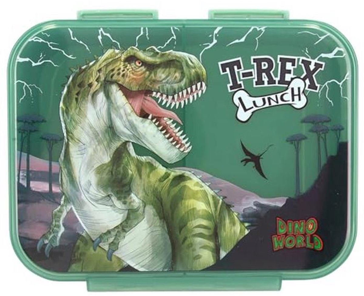 Dino World Reflector Lunchbox in Donkergroen met 3 Vakken - Ideaal voor Kinderen