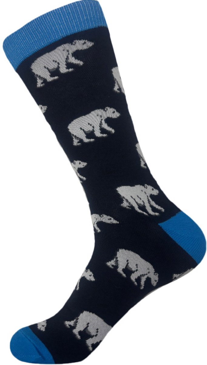 Heren sokken - blauw - grijs - leuke print beer - ijsbeer - zoo - 40 - 46 - cadeau voor hem - geschenk man - Kerstcadeau - gift