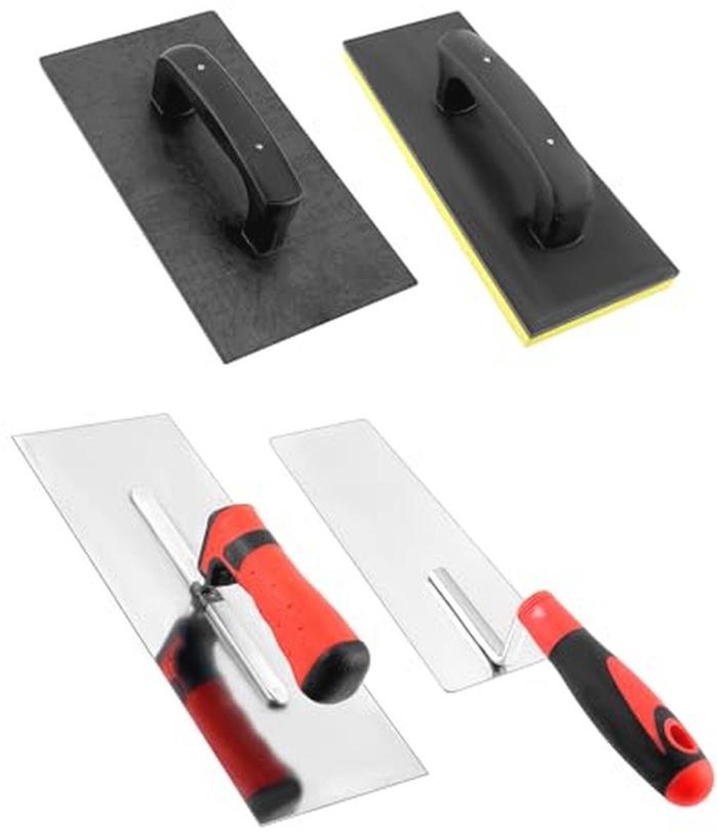 4-delige set voor stukadoors met kunststof vlotter, RVS pleisterspaan, RVS egaliseerspaan 300x120 mm en sponsrubber vlotter