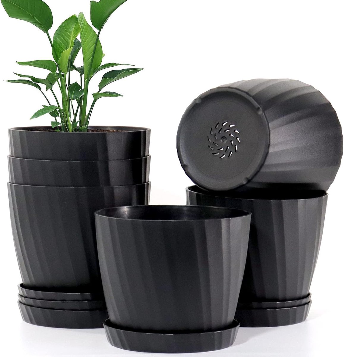 Famanu - Set van 6 plantenpotten 18 cm zwart met drainage en schotel