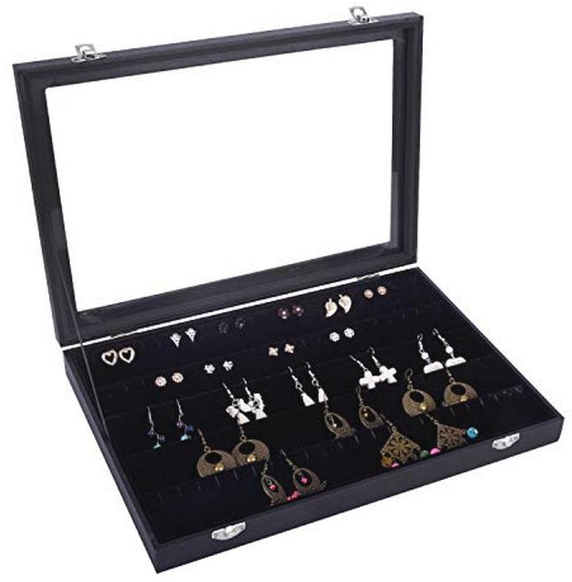 Velvet Clear Deksel Oorbel Doos - Elegante Sieraden Organizer voor 55 Pairs