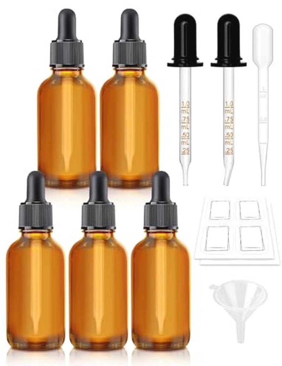 Amberkleurige glazen druppelflesjes met pipet en trechter - 6 stuks 30 ml