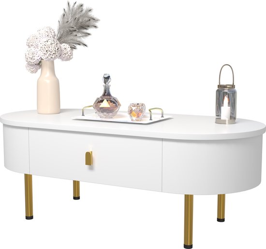 Table basse MODFU avec 2 tiroirs, poignées dorées, angles arrondis, plateau en bois et pieds en métal.