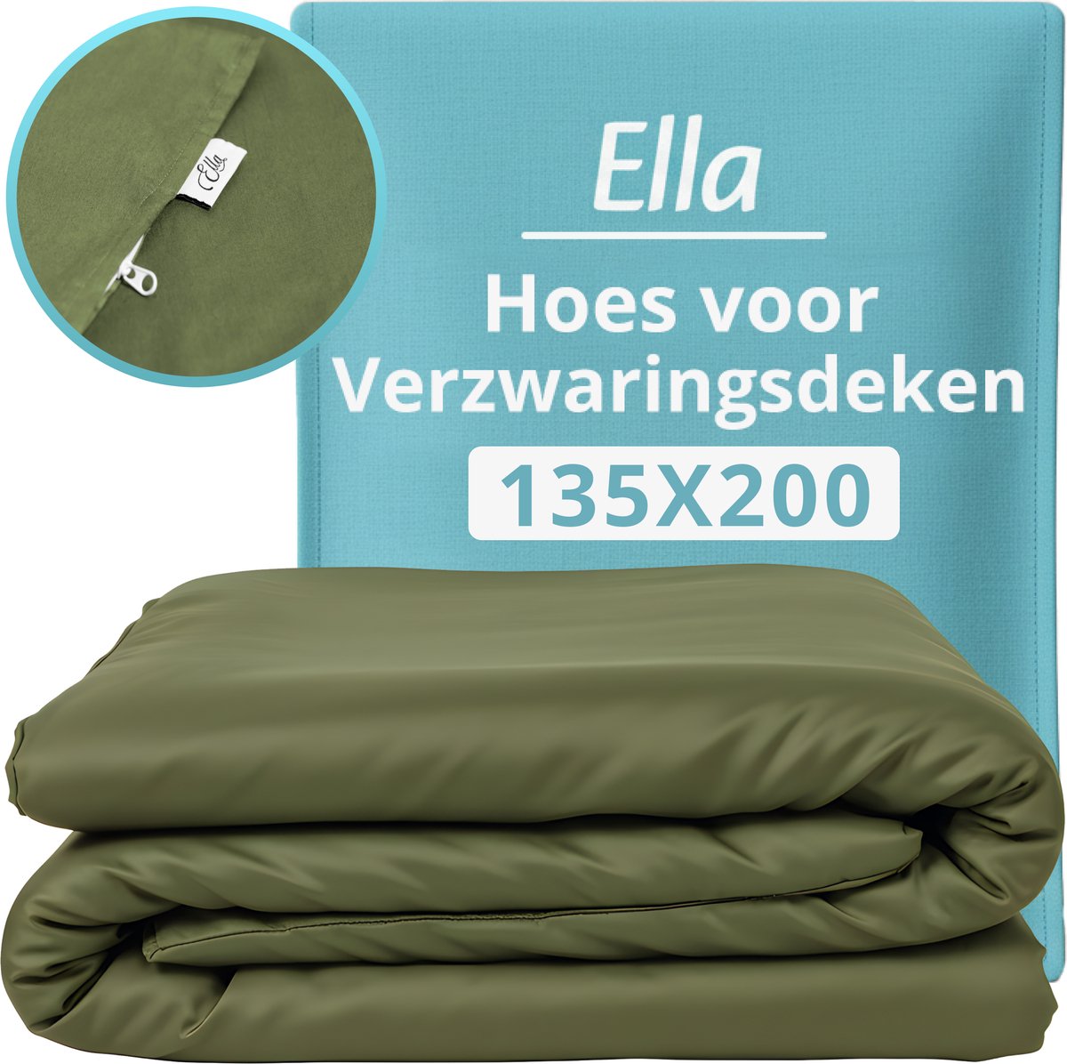 Hoes voor de verzwaringsdeken van Ella 135 x 200 CM - 7 KG & 9 KG - Overtrek Hoes van 100% biologisch katoen - Olijf Groen