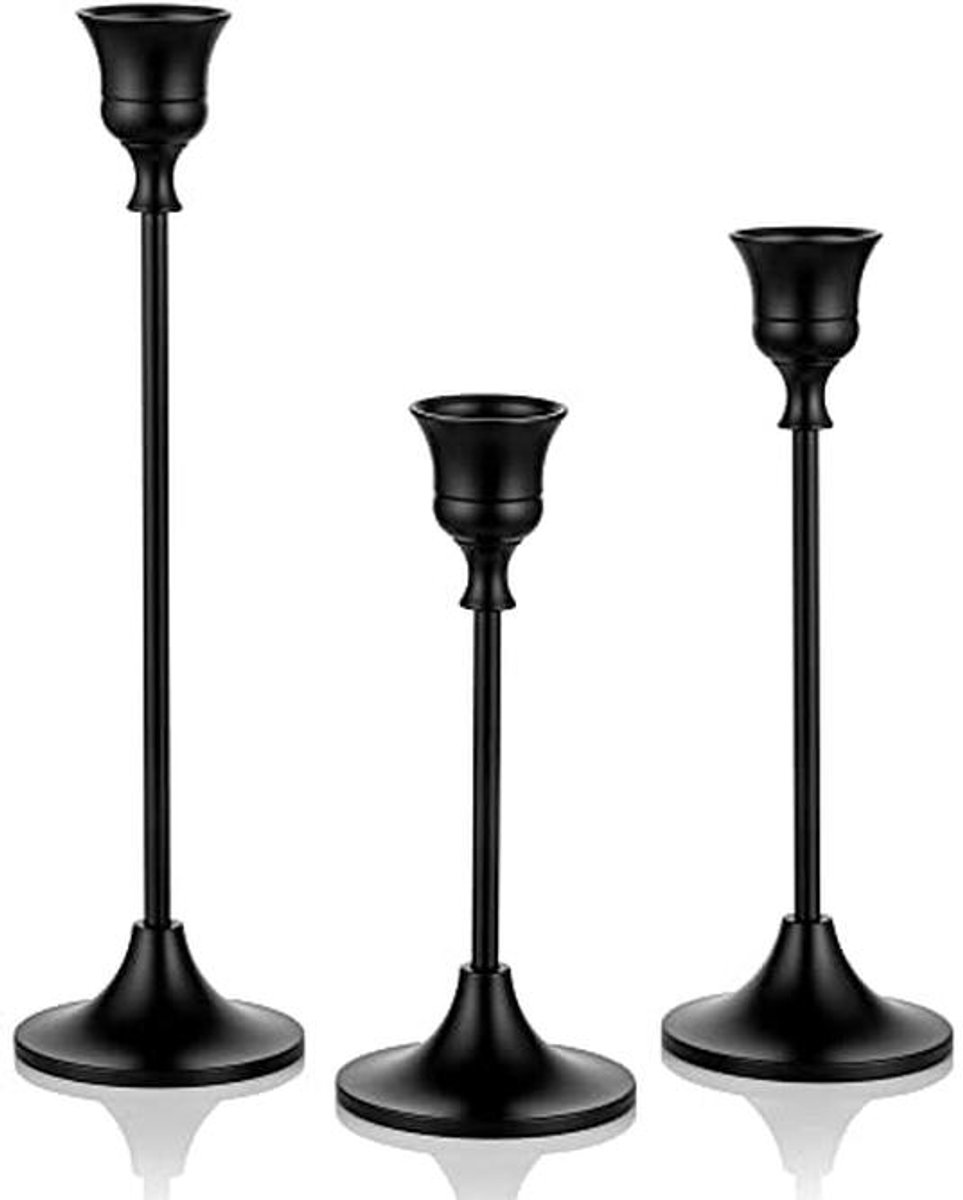 Set van 3 Zwarte Kandelaar voor Decoratie - Lange Kaarsenhouders voor Open Haard en Eettaf