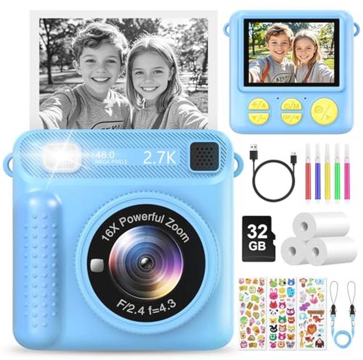 LUVTOY Instant camera voor kinderen, 1080p, 2,4 inch scherm, kindercamera met 32G-kaart en printpapier, kinderspeelgoed, verjaardag, Kerstmis, cadeaus voor jongens en meisjes van 3-12 jaar