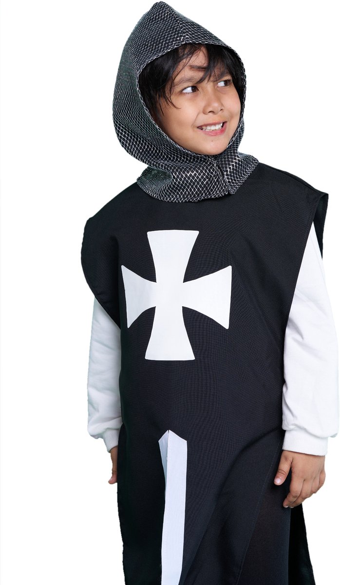 Zebra and friends Tempelier kostuum kind - Maat 116 - 4-6 - jaar-zwart/wit - ridder tuniek met kap-kruisridder-ridderspeelgoed-ridderpak voor carnaval en themafeesten