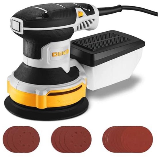 DEKOPRO Orbitale schuurmachine 300W, 6 snelheden, 14000 omw/min, ideaal voor houten en stalen oppervlakken, met 16 schuurpapierbladen, Grijs en geel DEKOPRO Orbitale schuurmachine 300W, 6 snelheden, 14000 omw/min, ideaal voor houten en stalen oppervlakken, met 16 schuurpapierbladen, Grijs en geel