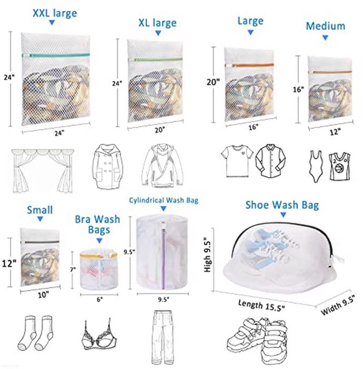 Set van 4 waszakken met honingraatgaas voor schoenen en delicate was