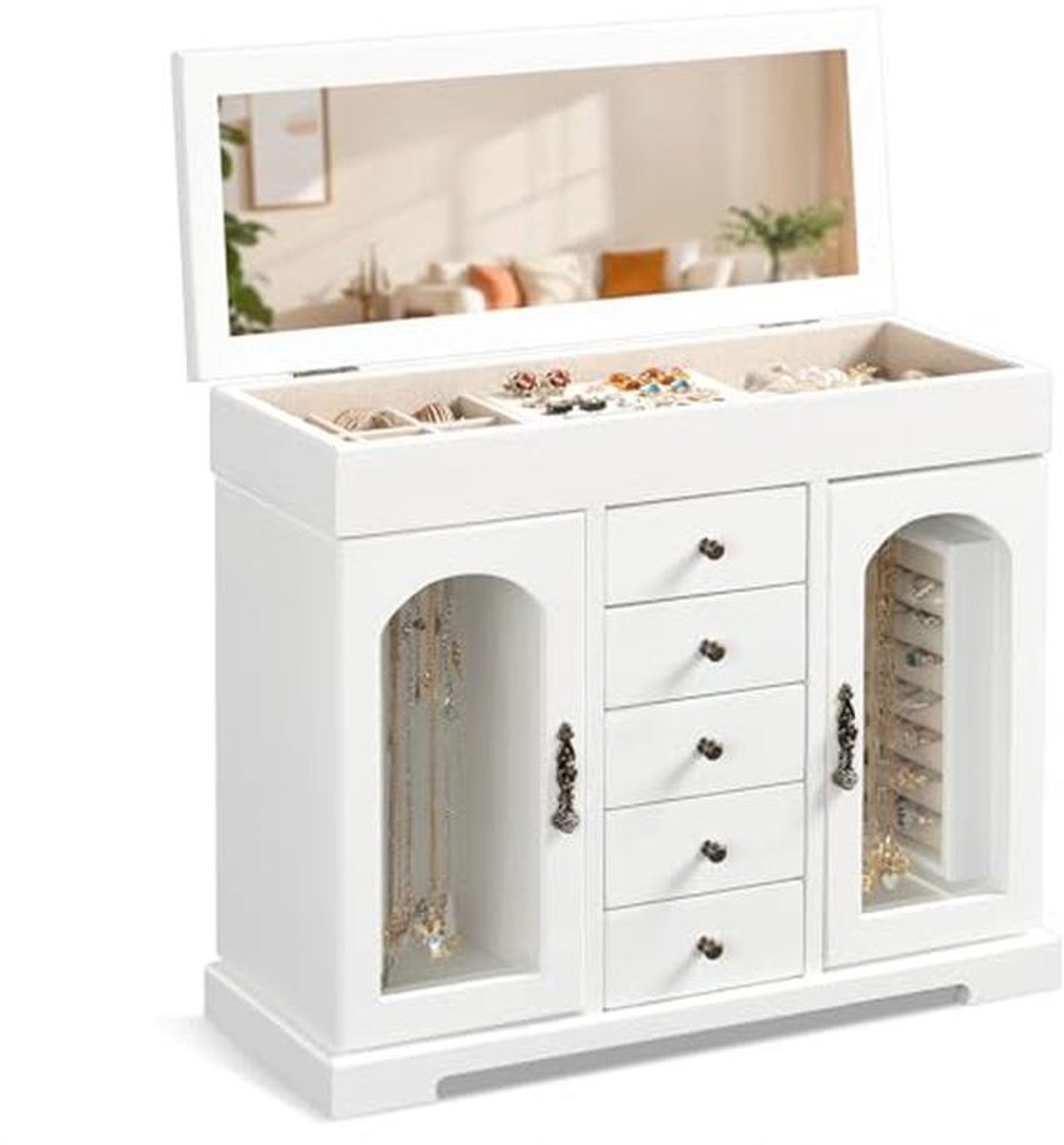 Sieradendoos voor Vrouwen en Meisjes - Houten Sieradenorganizer met Spiegel - 5 Lagen Opbergkoffer voor Kettingen, Oorbellen, Ringen en Armbanden - Ideaal als Valentijnsdag Cadeau