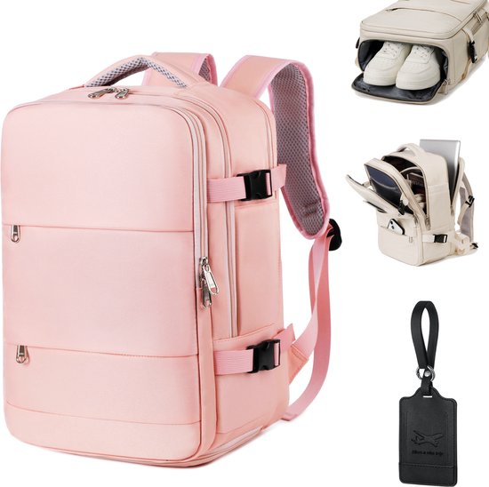ADEL Handbagage Reistas 40x30x20 cm met Schoenenvak – Cabin Bagage Underseater – Geschikt voor alle Airlines – Rugzak Incl. Bagagelabel – Roze